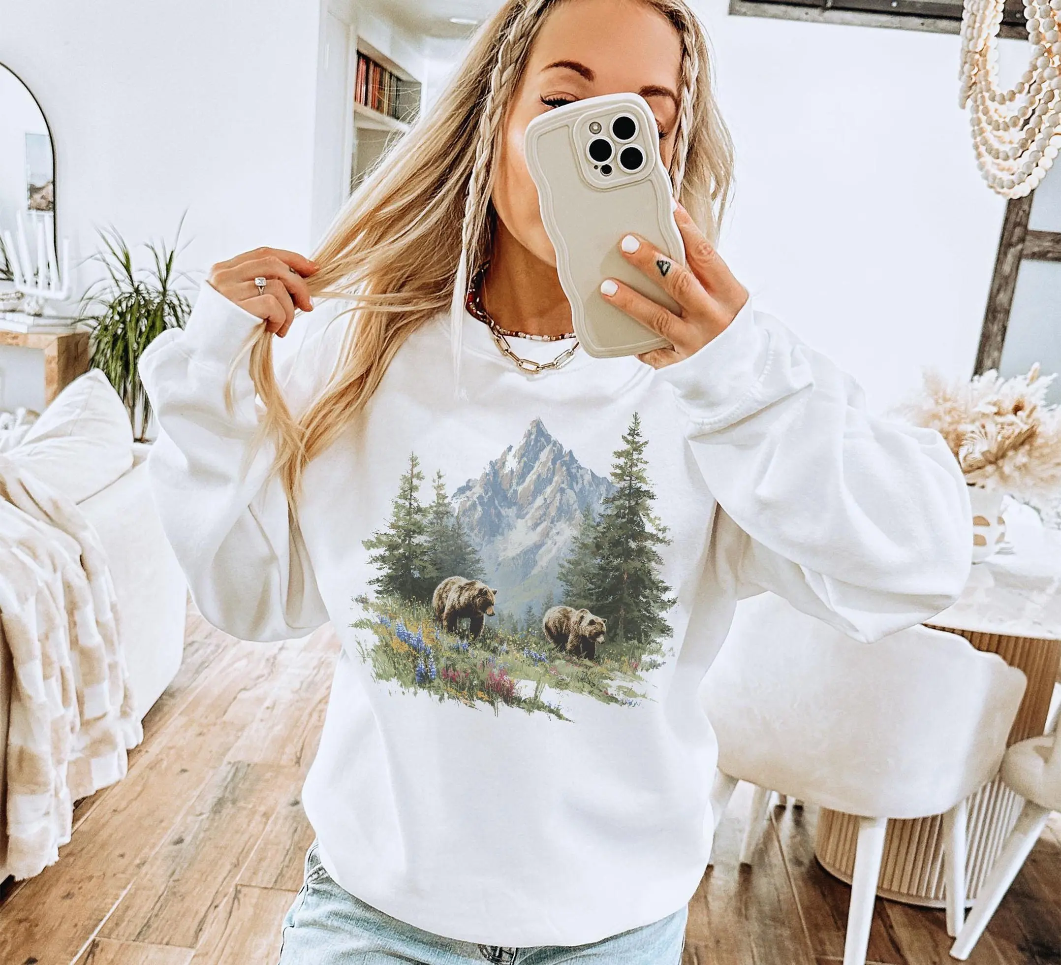 Retro Grizzly Bears Summer Wildflower Scene Sweatshirt - 90s Bear Mountain Nature - Boho Unisex Crewneck Sweatshirt