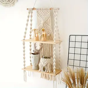 1pc Bohemian Macramé Wall Shelf - Handmade Rope Hanging Storage with Wooden Plank, Decorative Tassels & Beads, Multi-Tiered Display for Home, Hotel, or Guesthouse Décor, Versatile Hanging Shelf | Rustic Charm | Plush Texture, Hanging Decor, Creamy White