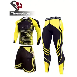 3-piece men's sports compression set, long-sleeve shirt and shorts set, suitable for running, basketball, cycling, training, casual wear, outdoor sports, tight-fitting design, elastic fabric, year-round comfort, casual wear |   Sleeveless