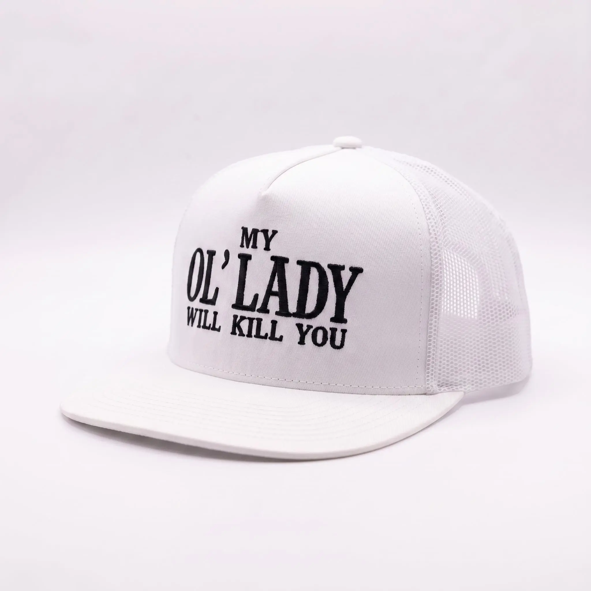 "My OI Lady Will Kill You" Embroidered Trucker Hat - Bold Graphic, Humorous Message, Novelty Motif, Adjustable Snapback, Humorous Message Graphic Hats, Novelty Motif Hats