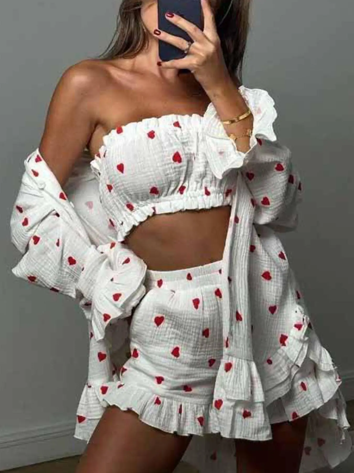 Women's Elegant Heart Print Ruffle Jacket Bra Top Shorts Set, Loose-Fitting Plain Style, All Seasons Unlined Three-Piece