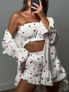 Women's Heart Print Crop Tube Top & Shorts & Long Sleeve Outerwear Loungewear Three-piece Set, Elegant Comfy Pyjama Set for Women, Women's Sleepwear for All Seasons, Lounge Sets, Ruffle, Sleepwear Pajamas Set