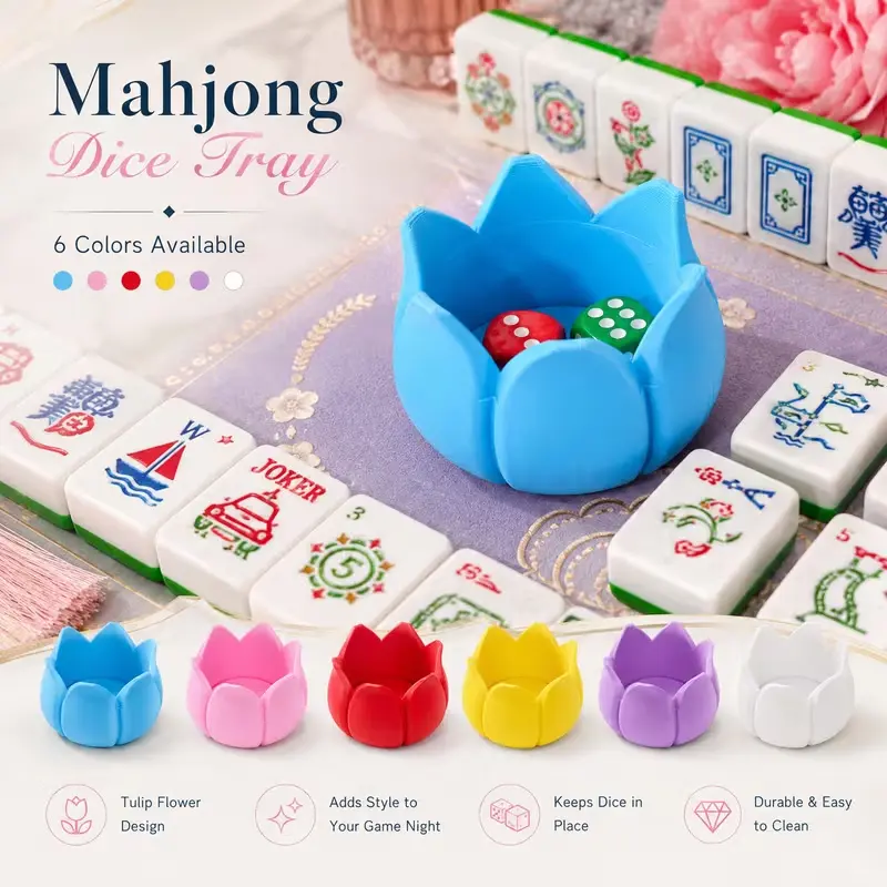Tulip Flower Mahjong Dice Tray, Compact Decorative Dice Holder for American Mahjong Game Night, Tabletop Gaming Accessory, 6 Color Options