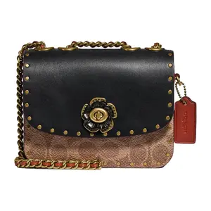 COACH Madison 16 Camellia Twist-Lock Crossbody Bag for Women – Black and Monogram Coated Canvas with Calfskin