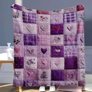 Vintage Purple Plaid Patchwork Blanket | Soft Plush Lilac Hearts | Colorful Mosaic Bed Cover | Couples Cozy Sofa Throw | Camping
