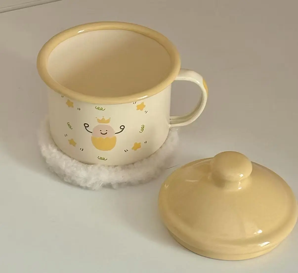 Adorable Cartoon Egg Enamel Cup with Cover, Vintage Drink Mug for Coffee Milk, Household Tableware Birthday Gift for Girls