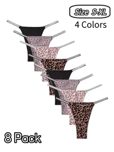 Women's Leopard Print Bikini Thong Panties, Sexy Comfortable Breathable Lingerie Underwear, All-Seasons Wear, 8-Pack, Milk Silk Fabric