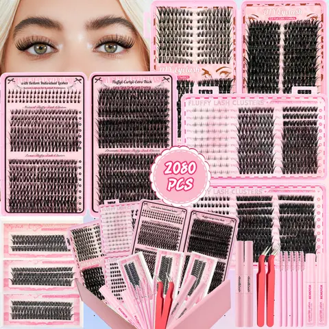 Cluster Lashes Book Kit, 852PCS/1204PCS/1272PCS/2080PCS Lash Clusters D Curl Mixed ManHua/Cat Eyes/Devil Eyes Volume Individual Lashes Wispy Lashes, At Least 4 Styles In One Tray, Kit With BOND&SEAL And Lash Applicator For DIY At Home, Beginner Friendly