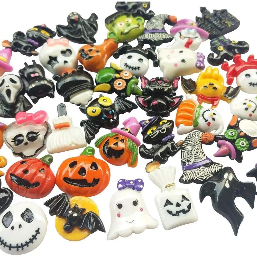 P-HDJ06 50pcs Halloween Theme Resin Flat Back Craft Embellishments (15mm to 40mm, No Sew Hole) - Wizard, Pumpkin Lantern, Ghost, Spider, Skull, Castle, with Storage Box for DIY Crafts Ideas