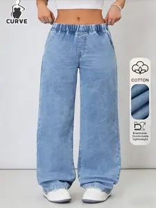 Women's Plus Size Blue Washed Straight Leg Jeans, Non-Elastic Denim Jeans, Versatile All-Season Style, Office & Date Y2K Fashion