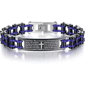 My Daily Styles Male Motorcycle Link Chain Bracelet - English Lord's Prayer Christian Cross Design, 8 in or 9 in Sizes