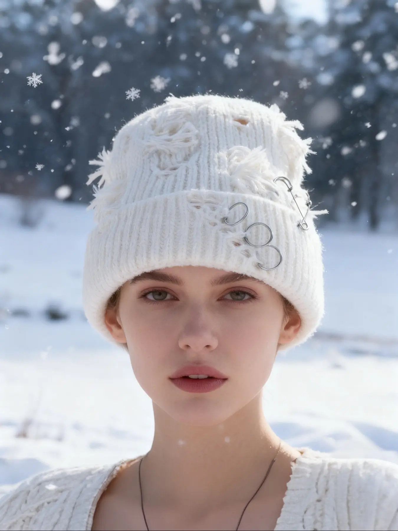 Distressed Punk Knitted Beanie, Edgy Safety Pin Design, Soft Warm Winter Hat, Street Gothic Vibe, Bold Daily Accessory