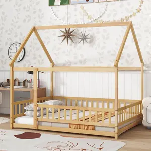 Full Size House Floor Bed with Rails for Kids, Montessori Floor Bed Frame with Fence, Wood Full House Beds with Roof for Boys Girls, Natural