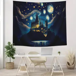 Hogwarts Castle Pattern Tapestry Wall Mural, 1 Count Magic Starry Night Castle Tapestry, Wall Hanging Decor for Home Living Room Bedroom Dormitory