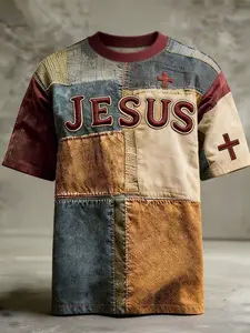 A stylish, gender-neutral streetwear-inspired American retro patchwork short-sleeved T-shirt with vibrant colors, comfortable to wear. Features a depiction of the cross of Jesus. A round-neck, cozy T-shirt perfect for everyday wear. A unique, fun short-sl