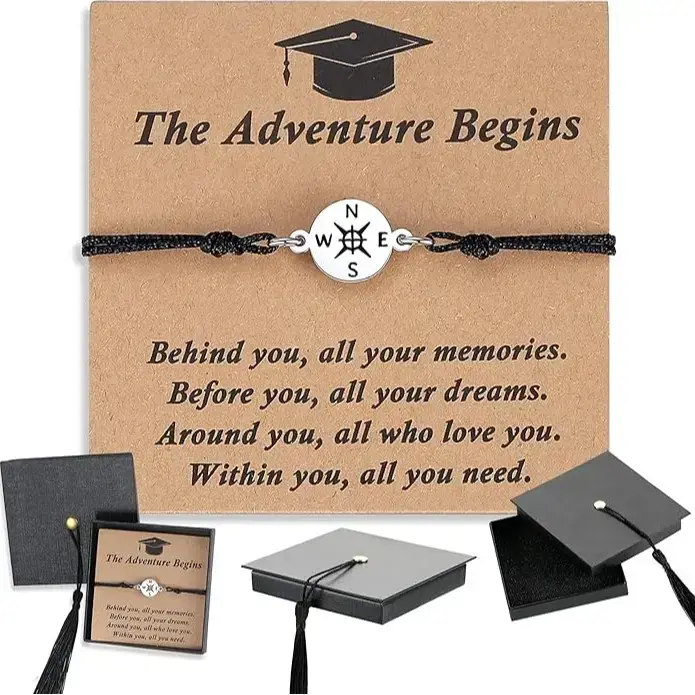 BloomWish S Adjustable Cuff Bracelet - Hypoallergenic Steel, Compass Charm, Stringed Wrap, Unisex Teen Wear, Graduation Gifts for Class of 2026 (Kindergarten, 5th/8th Grade, High School, College) Nurse Daughter Student Jewelry Cards, Adorable Compass Brac