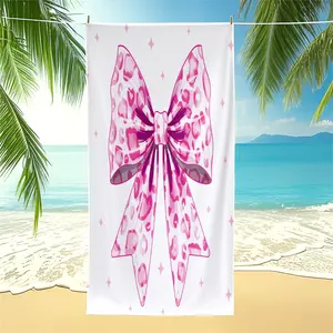 Pink Leopard Bow Beach Towel, Cute Y2K Pool Towel, Quick Dry Microfiber Camping Towel, Aesthetic Bath Towel Blanket for Girls Summer Vacation