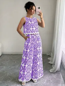 Boho Style Print Two-Piece Set, Women's Sleeveless Top + High-Waisted Wide-Leg Pants, Beach Vacation, Fashionable Summer Wear