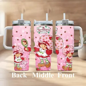 Strawberry Shortcake Tumbler 40oz With Handle, Cute Strawberry Cartoon Insulated Stainless Steel Travel Coffee Mug
