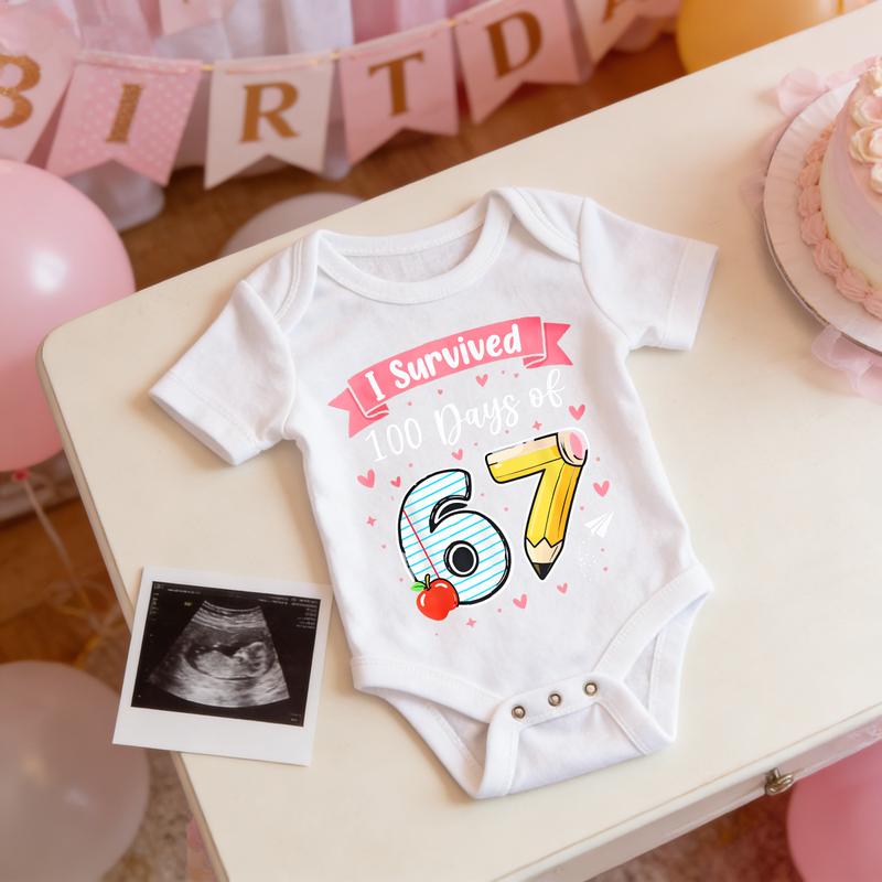 Cotton Baby Bodysuit I Survived 100 Days Of 67 Number Print 100% Pure Cotton Non-Irritating Snap Closure Breathable Stretchy Perfect For Gifting & Everyday