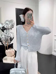 2026 Trendy Short Sequin V-Neck Knit Button Cardigan, Slim Fit Lightweight Sweater for Spring Fall, Fashionable Women's Daily Wear Top