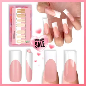 NOVO OVO Long Sharp Square White French Tip Nail Tips Press on BABY PINK, Extra Thick NEED Builder Gel & Top Coat & Glue, Soft Gel full Cover False Fake Nail Extension for Salon DIY x 15 Sizes 180 pcs【NO GLUE ,TOP COAT AND LAMP INCLUDED】