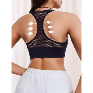 1 Piece Hollow Mesh Knit Front Zipper Hollow Stretch Moisture Wicking Design Breathable Seamless Sports Bra, Fitness Yoga Running Bra With Removable Pads, Breathable Mesh Tank Top, Women's Summer Bras And Short Tops Underwear
