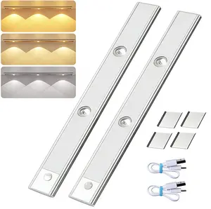Pak Under Cabinet Lights, Rechargeable Motion Sensor Light Indoor, Wireless and 3-Color Dimmable with Cat’s Eye Hill Effect, for Display Cabinets, Showcases, Wine Racks, 2 Pack, Silver