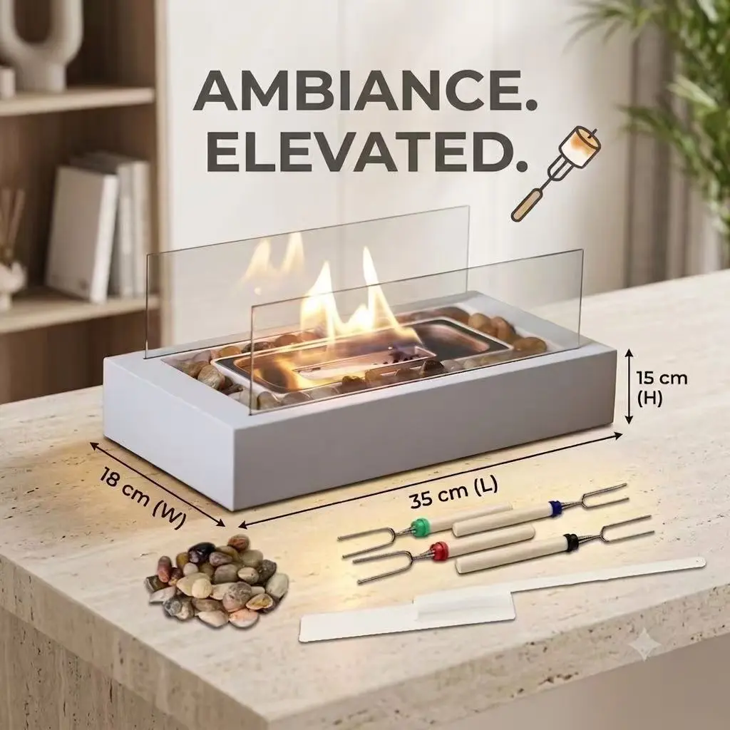 Tabletop Fire Pit Bowl - Portable Bio Ethanol Fireplace for Indoor Outdoor Decor & S'mores Maker with Glass Shield, River Rocks & 2 Skewers