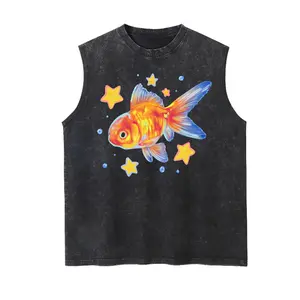 Cute Starry Goldfish Kawaii Vintage Washed Tank 90s Graphic Sleeveless Tank Tops Vest Streetwear Outfits Vacation Outfits Sleeveless Shirt