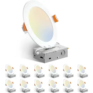 12 Pack 6 Inch 5CCT Ultra-Thin LED Recessed Ceiling Light with Junction Box, 1050LM Brightness, Dimmable Canless Wafer Downlight, 12W, ETL&FCC