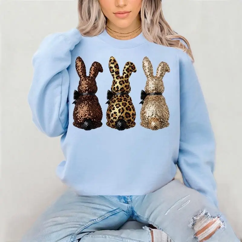 Glitter Bunny Trio Crewneck Sweatshirt Gildan Everyday Style Super Soft Unisex Fit Streetwear Graphic Top warm Womenswear Casual Printed Long Sleeve Easter Bunny Spring