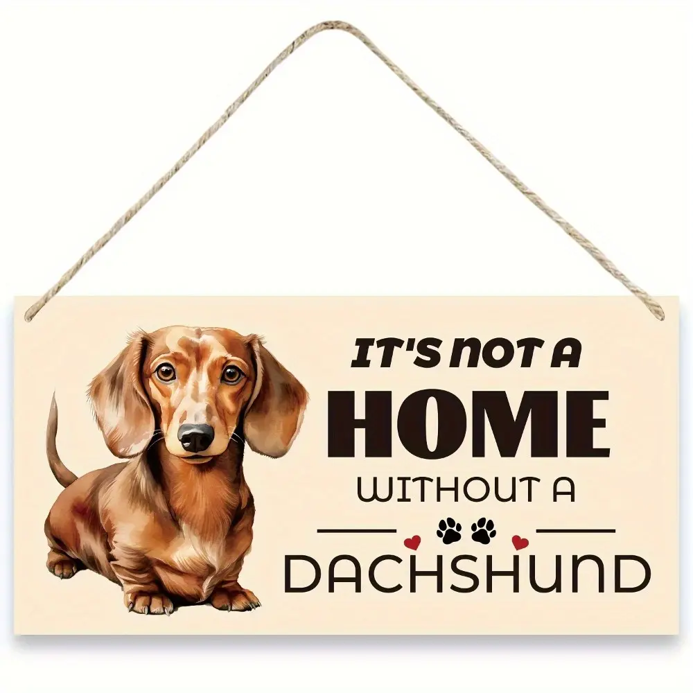 Dachshund Wooden Hanging Sign - 20cm x 10cm Rustic Farmhouse Wall Decor with Cute Paw Prints and Hearts, Home Supplies Watercolor Art Pet Owner Gift for Christmas, Housewarming