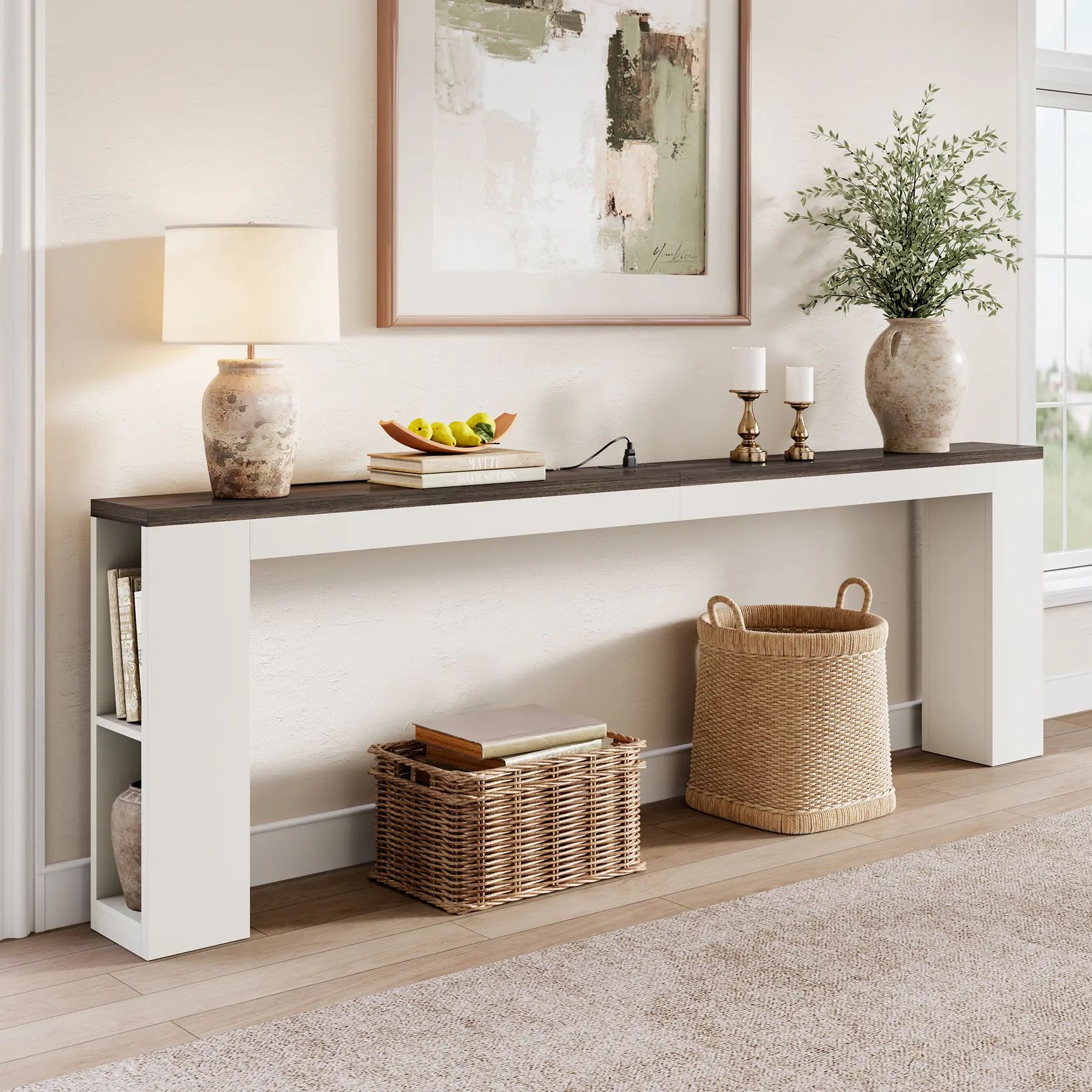 94.5" Narrow Console Table with USB Charging & Side Shelves, White | Extra Long Narrow Console, 94.5"L, Behind Sofa Table with Outlet & Storage Shelf, Skinny for Entryway Hallway