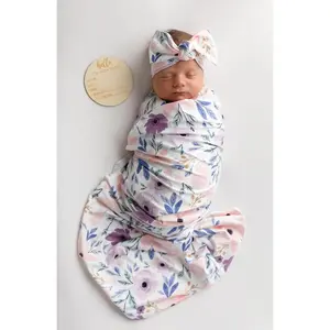 Newborn Baby Girl Receiving Blanket Swaddle Blanket Stretchy Knit Swaddle Set with Matching Headband Beanie with a Name Card，baby blankets