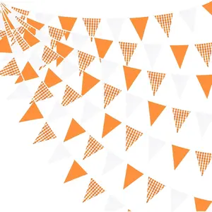 32Ft Orange Party Decorations Buffalo Plaid Checkered White Triangle Flag Gingham Pennant Bunting Fabric Garland Streamers for Fall Wedding Birthday Thanksgiving Picnic Garden Decor