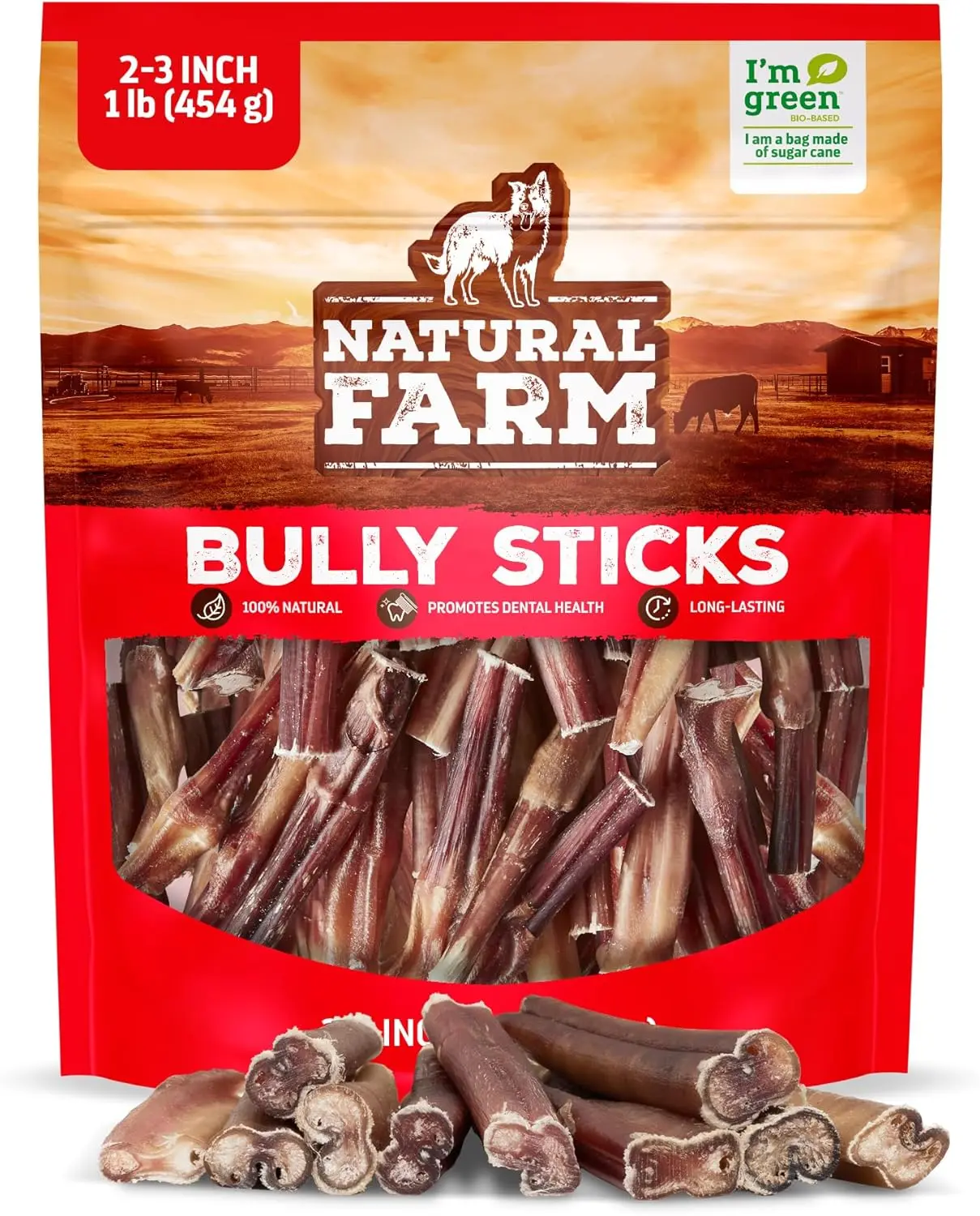 Natural Farm Bully Bites Dental Dog Treats - 2-3 in Bite-Sized, 1 lb Beef Pizzle Full Flavor, Odor-Free, 100% Digestible for Small-Medium All Ages Dogs, Healthy Teeth & Joint Support, Light Protein
