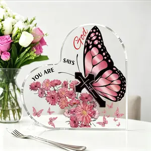 Heart Shaped Acrylic Desk Plaque, Pink Butterfly Cross God Says You Are Bible Verse Table Sign, Floral Christian Faith Decor, Christmas Thanksgiving Birthday Gift for Women Christian Believers