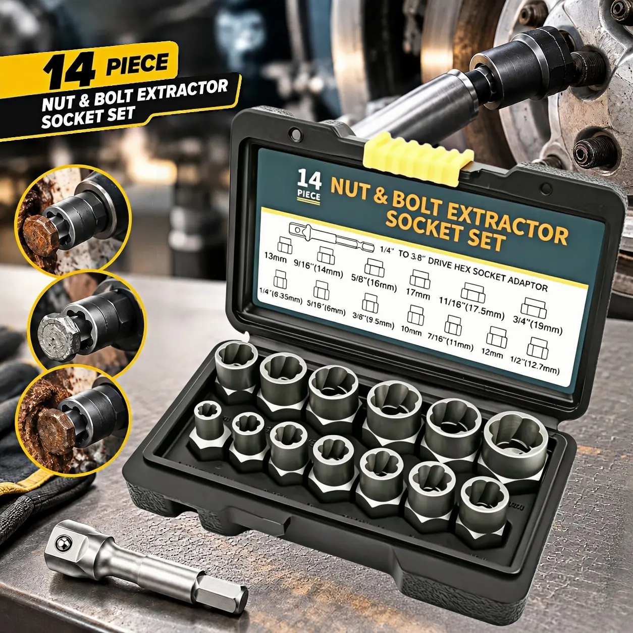 13+1 Pcs CR-MO Steel Multi-Size Impact Bolt & Nut Extractor Set, 3/8" Drive 1/4"-3/4" Twist Sockets Kit with Adapters & Storage Case, for Frozen/Rusted/Damaged Fasteners, Automotive Mechanics Repair, Bolt Extraction