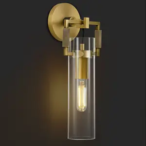 Modern Brass Wall Sconces,15.3''Knurled Gold Wall Sconce Clear Glass Sconces Wall Lighting,Bedroom Mount Up and Down Wall Sconce Light Fixture,Indoor Vanity Lights for Bathroom