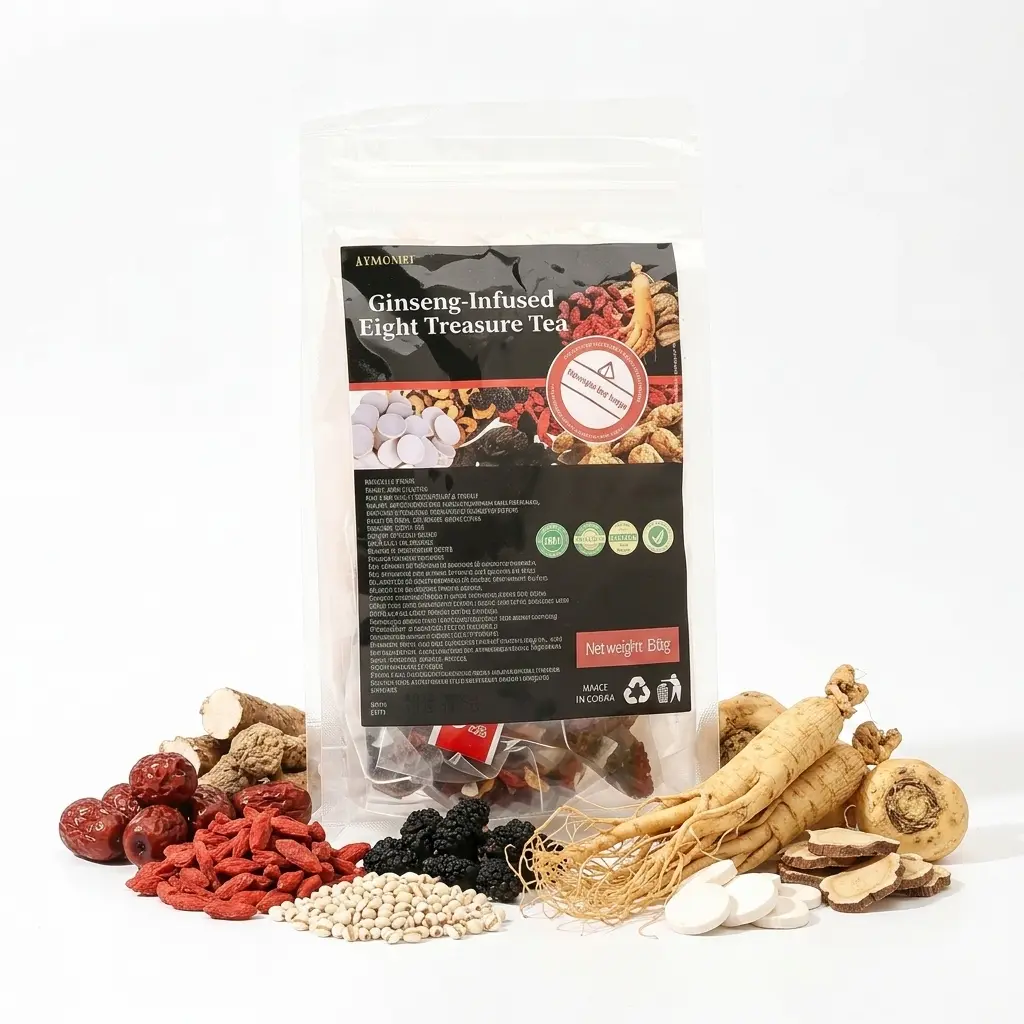 Certified Organic Natural Ginseng Herbal Tea Bags - Caffeine-Free 8-Treasure Botanical Mix with Red Jujube, Goji Berry, Barley, Gentle Sweetness, Smooth Flavor, Individually Wrapped Sachets, 30 Count for Daily Wellness, Relaxing Tea Time, Sealed Bag