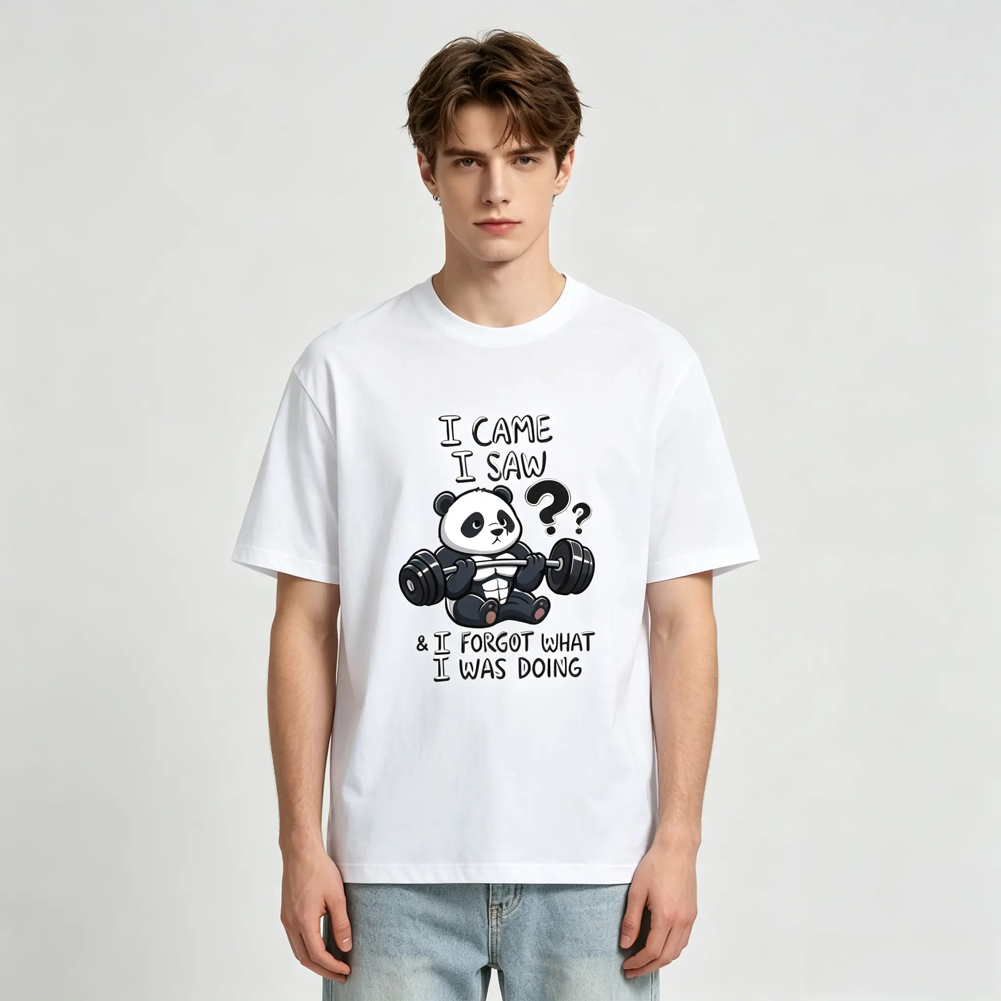 Unisex Soft Lightweight Cotton Crew Neck T Shirt Funny Weightlifting Panda Graphic Loose Short Sleeve Casual Top For Daily Shopping Home Street Outfit