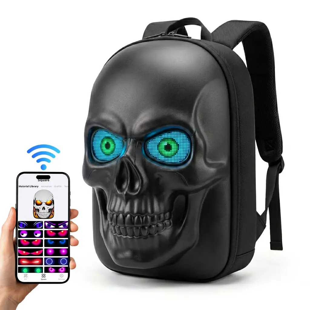 SZKUZMA Programmable LED Skull Backpack for Adults - Smart App Control LED Display, Graphic Matrix, USB Port, Adjustable Shoulder Strap, Waterproof Hard Shell Motorcycle Bag, Aggressive Skull