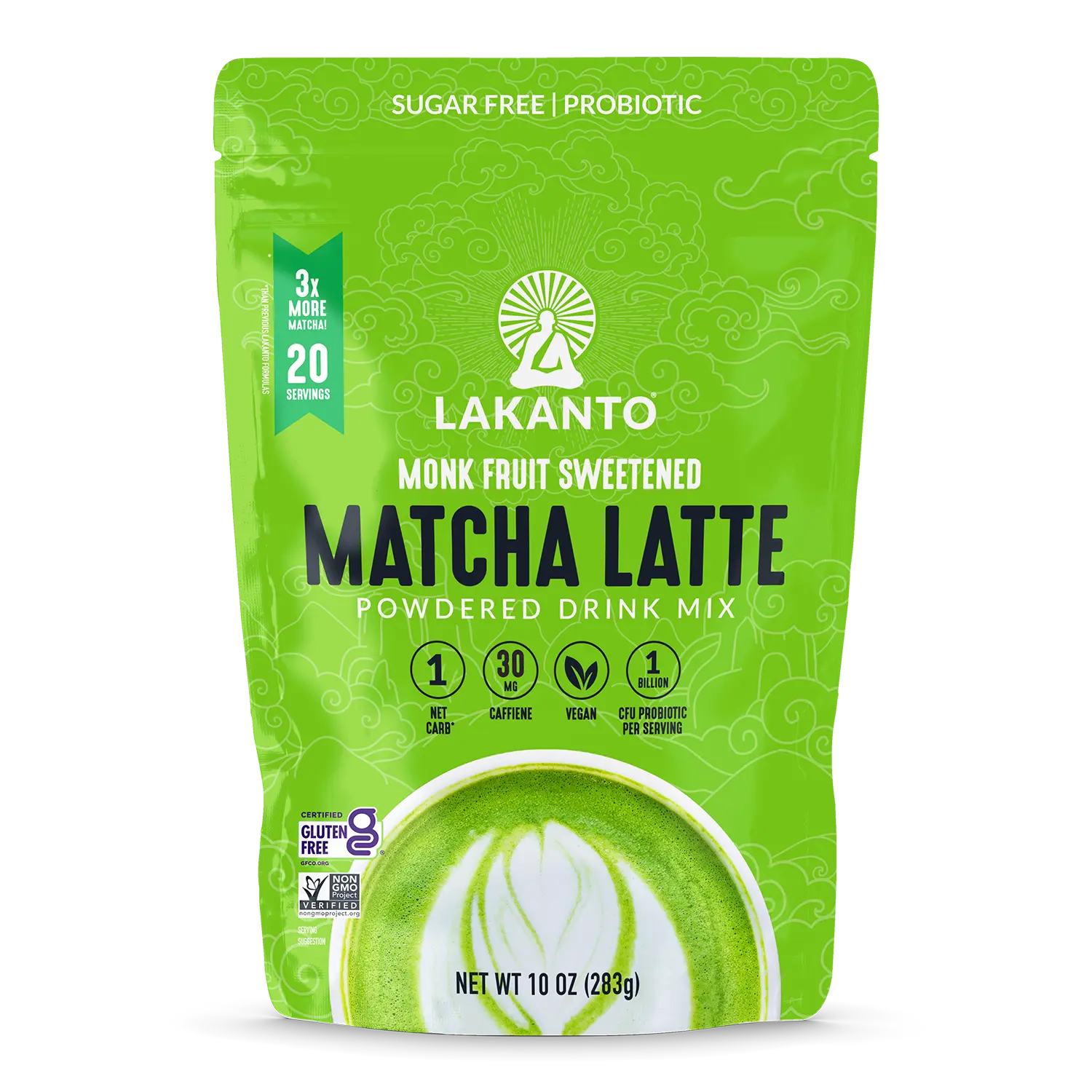 Lakanto Sugar Free Matcha Latte - Green Tea Powder with Shelf Stable Probiotics and Fiber, Sugar Free, Monk Fruit Sweetener, Keto Diet Friendly, Vegan, Healthy Detox, Destress, Antioxidants, Authentic Beverage (10 Oz)