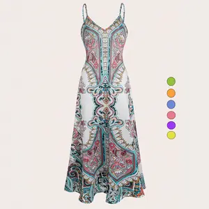 Women's Summer Vintage China Print Casual Long Dress – Loose Beach Cover-Up, Adjustable Spaghetti Strap Flowy Artistic Sundress