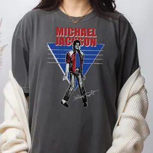 Retro Michael Jackson Distressed Triangle Graphic Music Tee, Vintage MJ 80s Red Jacket T-Shirt