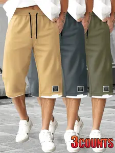 Men's large-size loose casual seven-point shorts 3-piece, with pockets and drawstrings, polyester fabric, light and breathable, suitable for spring and summer outdoor leisure and daily wear