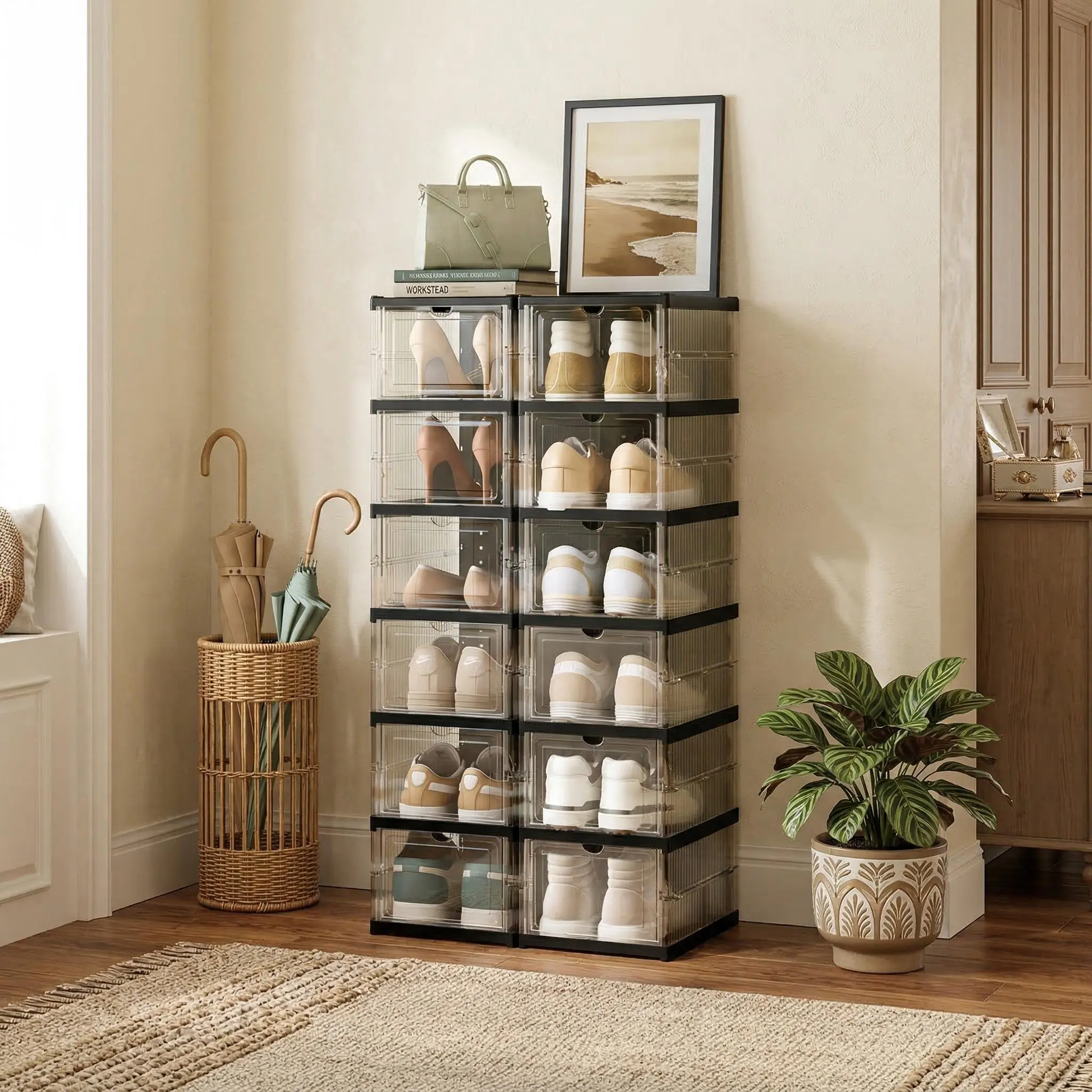 Stackable Drop Front Shoe Storage Bins 6-Tier Clear Door Organizer Shelf Free Standing Rack Cabinet with Lid for Entryway