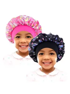 2pcs/set Unicorn Cartoon Print Satin Sleep Cap for Kids, Elastic Wide Brim Hair Protection Hat, Baby Care Accessories, Bonnets for Sleeping