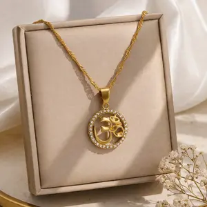 Gold Om Symbol Pendant Necklace Circular CZ Paved Spiritual Yoga Daily Wear Jewelry Accessories for Women Valentines&birthday Boujee Gifts for gf Mother's Day gift